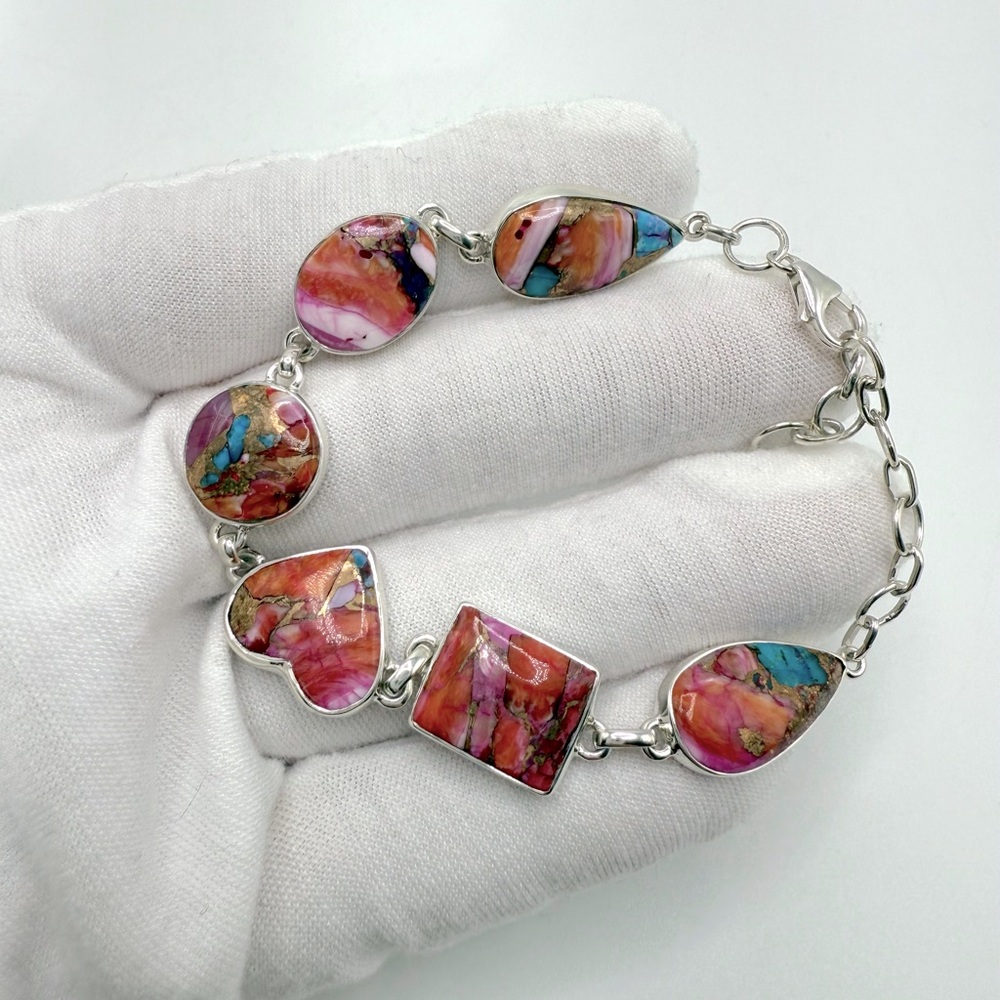 Pink Oyster Turquoise .925 Sterling Silver Bracelet - Picture 5 of 16